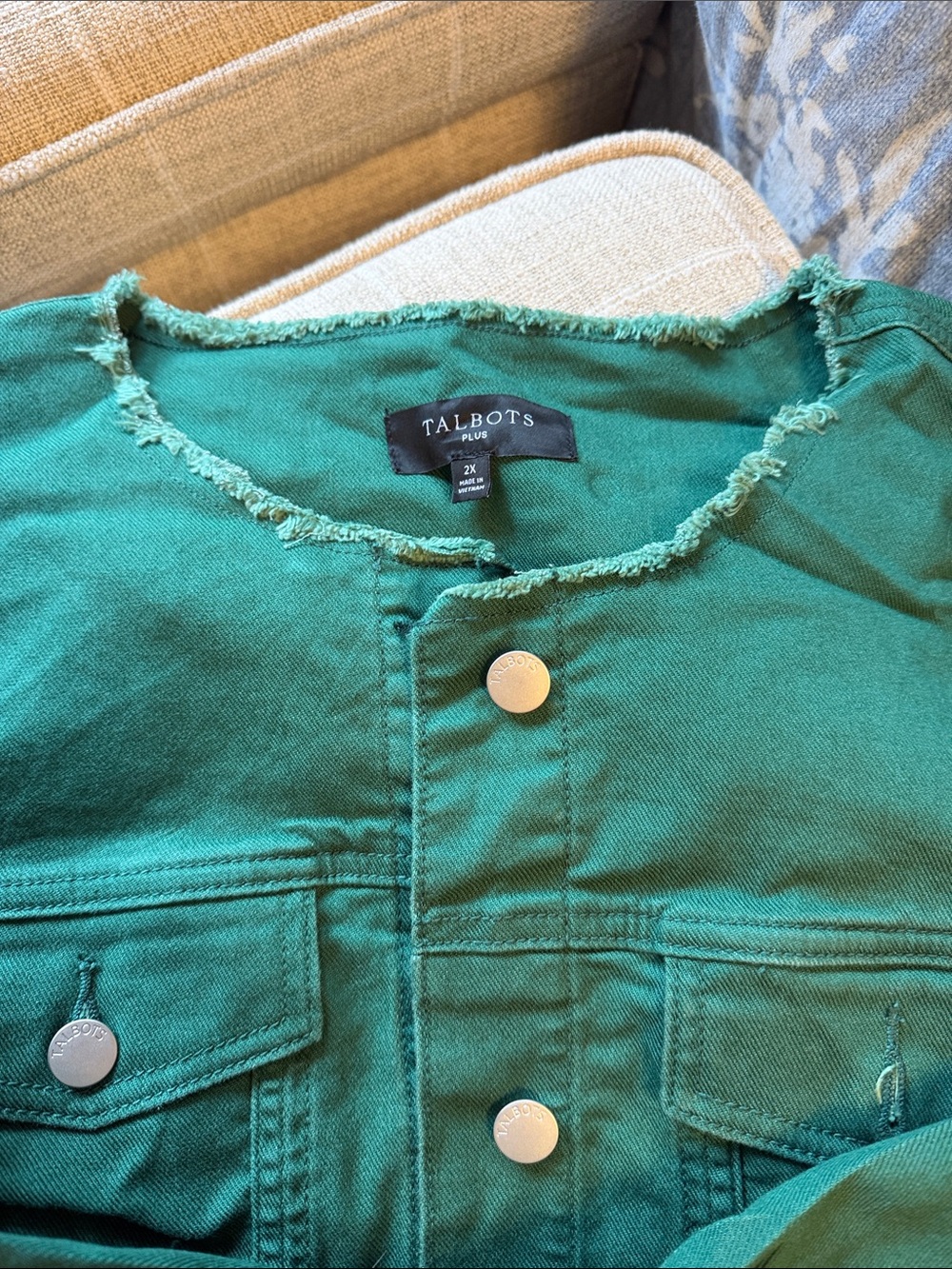 Talbots Green Frayed-Neck Button Jacket